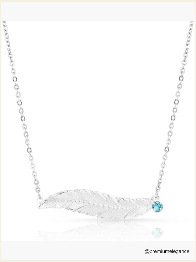 Silver Feather Pendant Necklace With Blue Crystal